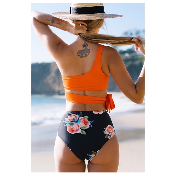 Orange and Floral One Shoulder Tied Bikini (NWT) - Picture 2 of 3